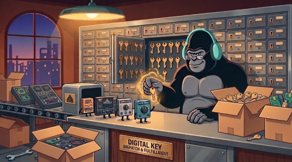Friendly gorilla with cyan headphones handing out a glowing license key at a Digital Key Dispatch and Fulfillment counter